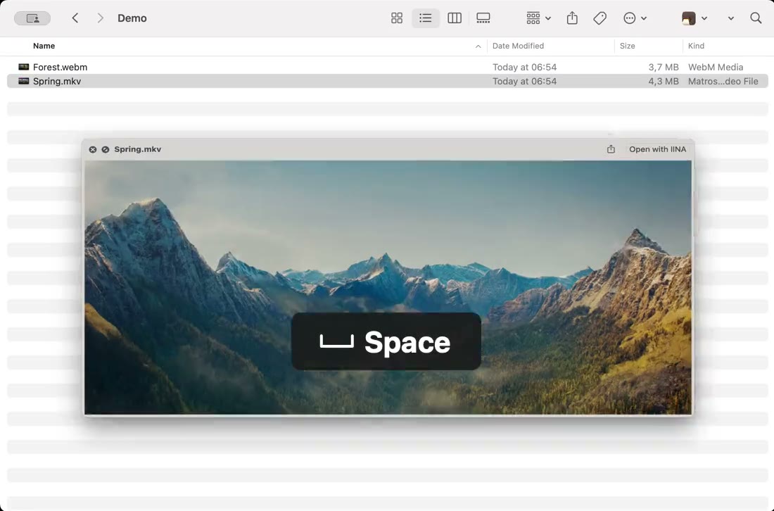 Finder window with a Spring.mkv file selected and its Quick Look preview opened by pressing the Space bar.