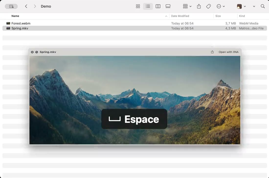 Fenêtre du Finder avec un fichier Spring.mkv sélectionné et son aperçu Quick Look ouvert après un appui sur la touche Espace.